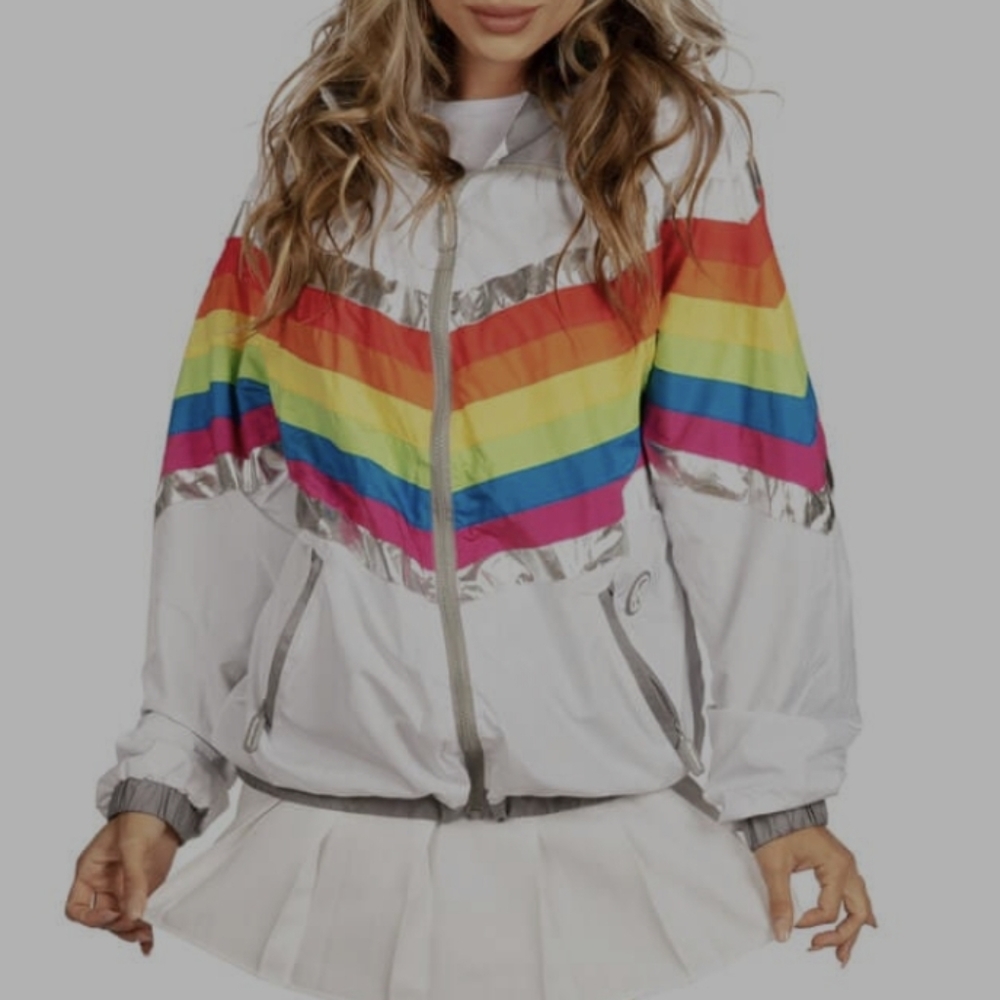 Tipsy elves white rainbow windbreaker jacket